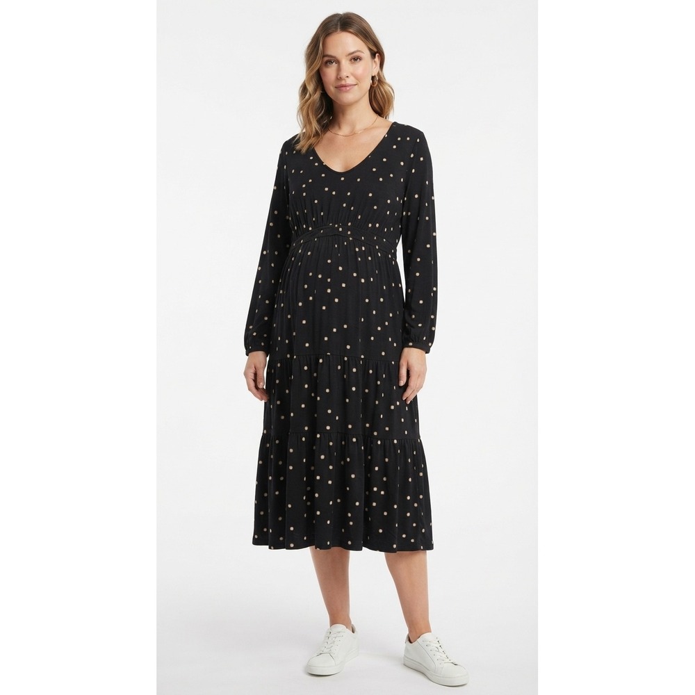 Isabel Maternity Dress Black Polka Dot Long Sleeve Tiered V-Neck - XXL